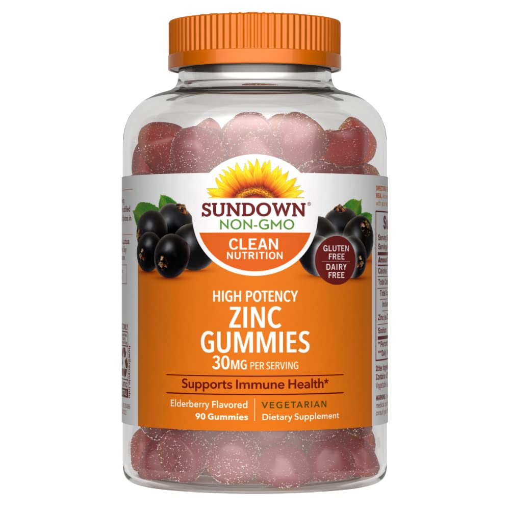 Sundown High Potency Zinc Gummies, 30mg, Supports Immune System Health, Elderberry Flavor, 90 Gummies