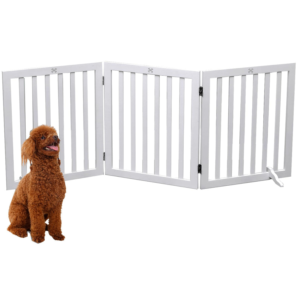 Dog Gate Wooden Freestanding Pet Gate Indoor Dog Fences,Pet Gate for Dogs,House Gate for Doorways & Stairs,3 Panel 23.6' Height-White