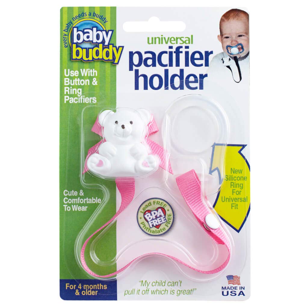 Baby Buddy Pacifier Clip Holder, Newborn Essential with Universal Fit for all Binky and Teether Brands, Ages 4+ Months, Pink, 1 Pack