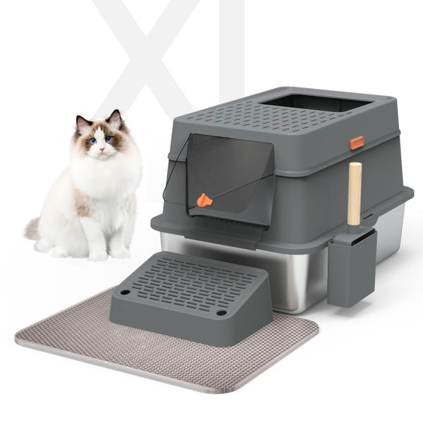 Suitchi Stainless Steel Cat Litter Box,XL Enclosed Cat Litter Box with Poop Scooper/Footboard/Mat (Dark Gray)