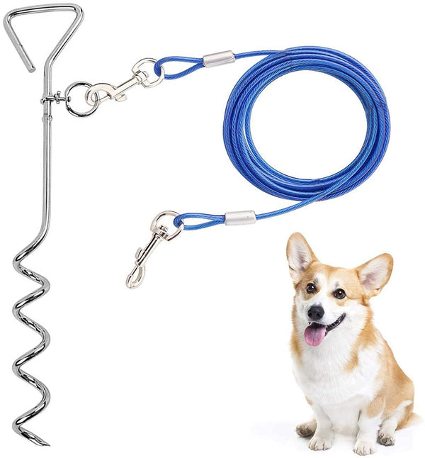 CLKHOWL Dog Stake Tie Out Cable - 16/30" Anti Rust Reflective Stake for Medium Large Dogs Up to 125 lbs, Dog Cable Runner and Metal Hooks for Yard, Camping, or Outdoors (Blue, 16FT)
