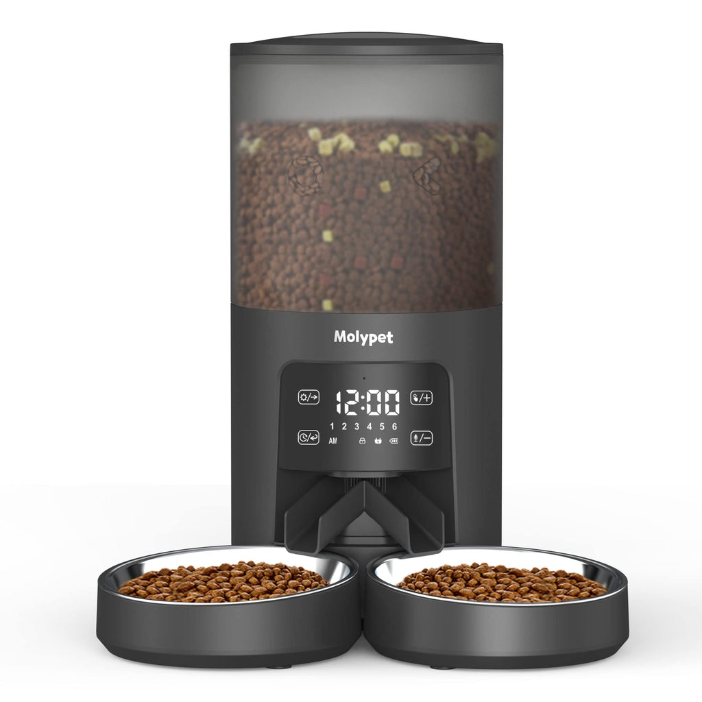 Molypet Automatic Cat Feeders - 6L Cat Food Dispenser with Double Bowls, Programmable Timed Feeder for Up to 6 Meals per Day with 10S Voice Recorder, Supports Dual Power Supply