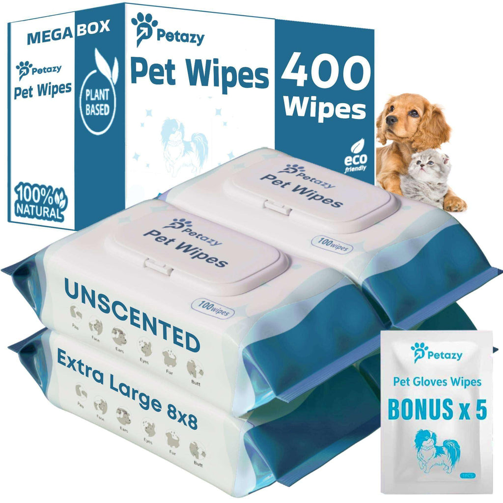 Petazy 400 Dog Wipes for Paws and Butt Ears Eyes | Organic Pet Wipes for Dogs | Unscented Dog Wipes Cleaning Deodorizing | Extra Thick Paw Wipes for Dogs Cats Pets | Bonus Glove Wipes Included