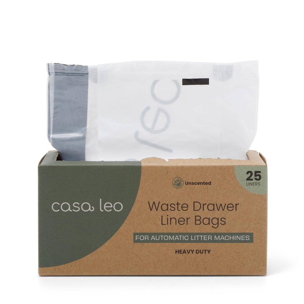 Leo's Loo Too by Casa Leo I Waste Litter Drawer Liner Bags for Automatic Litter Boxes I Heavy Duty 2mil Thick with Drawstring I Unscented 25 count