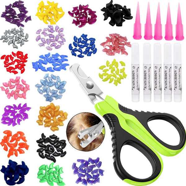 VICTHY 100pcs Cat Nail Caps with Clipper Set, Pet Nail Clipper Covers for Cats with Adhesive and Applicators, Size Medium (5 COLORS)