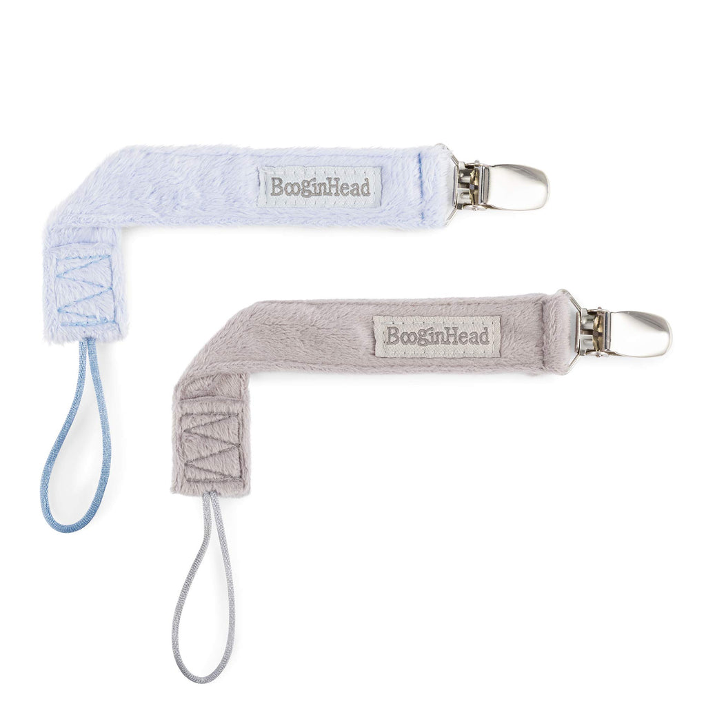 BooginHead Luxe Pacifier Holder Baby Pacifier Clips 2-Pack, Plush Blue and Gray