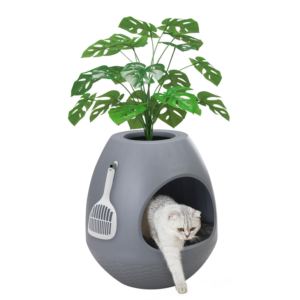 Eggloa6 Hidden Cat Litter Box with Artificial Plants - Egg-Shaped Enclosure Includes Scoop, Discreet Furniture for Home Decor, DIY Assembly Cat Litter Box Cabinet for Living Room(Grey)