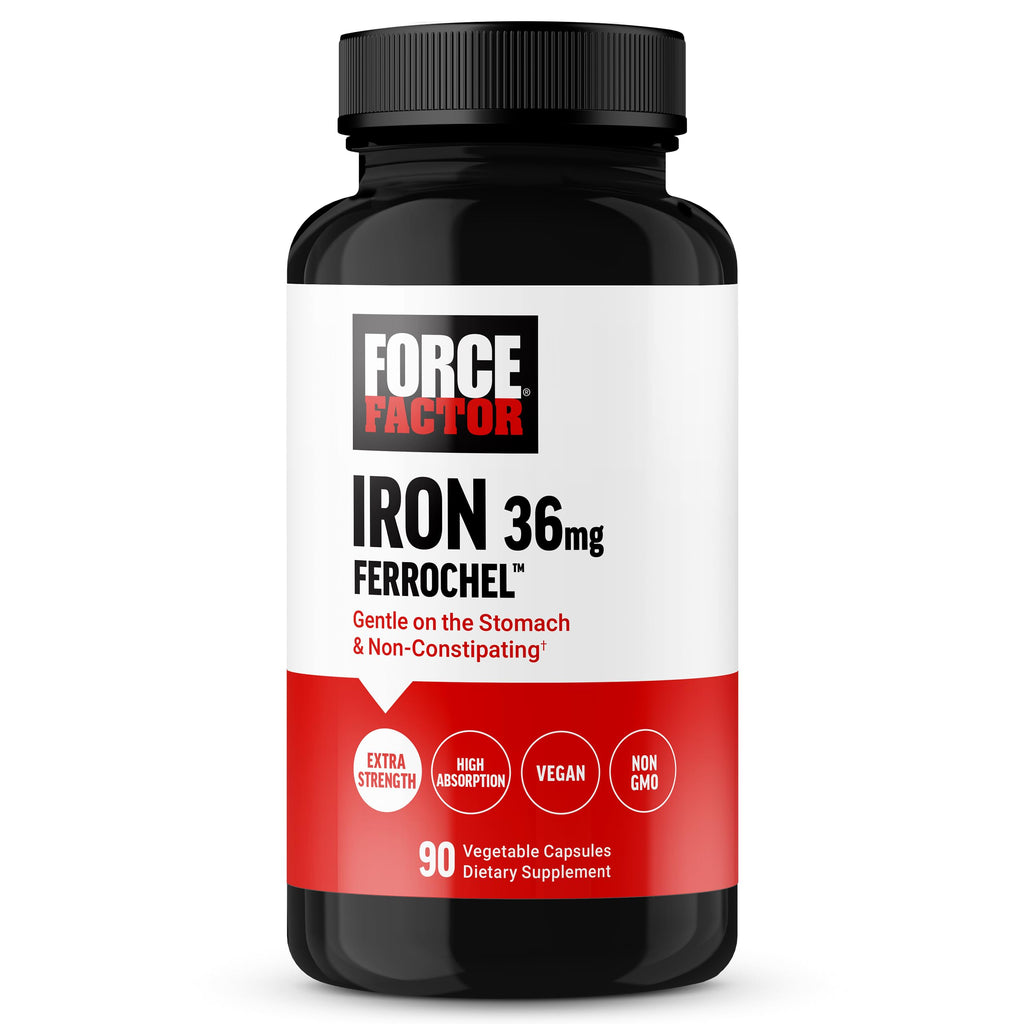 Force Factor, Iron Supplement for Women and Men, Non-Constipating, Gentle on The Stomach, Iron Bisglycinate 36mg, 90 Vegetable Capsules