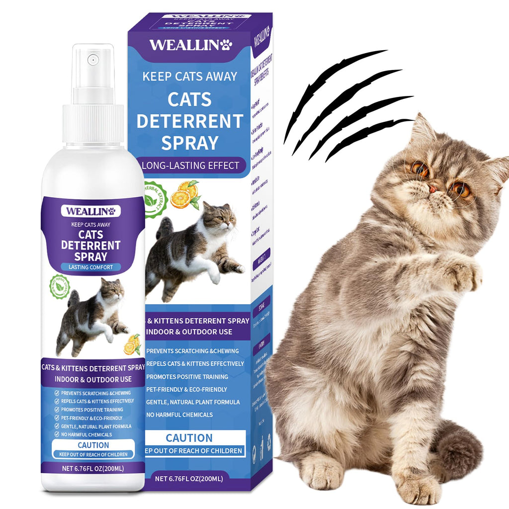 WEALLIN Cat Deterrent Spray, 6.76 FL Oz Natural Cat Repellent Spray Indoor & Outdoor, Anti-Scratch Training Aid for Furniture, Sofas, Rugs, Curtains, Plants - Non-Toxic, Alcohol-Free Formula