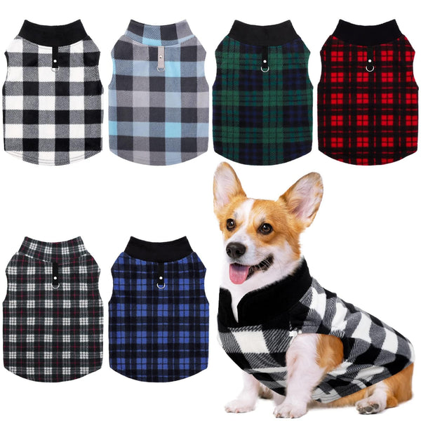Pedgot 6 Pieces Warm Fleece Vest With Leash Ring - Dog Sweatshirt Winter Pet Clothes Plaid Pullover for Puppy Small Dogs Cat, Medium