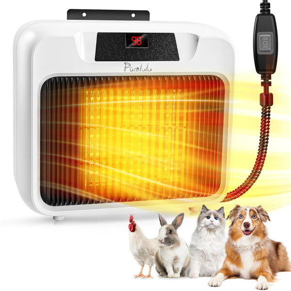 600W Dog House Heater for Chicken Coop and Rabbits - Portable With Digital Display, White Wall-Mounted Insulated Winter Pet Heater With Thermostat & Anti-Chew Cord