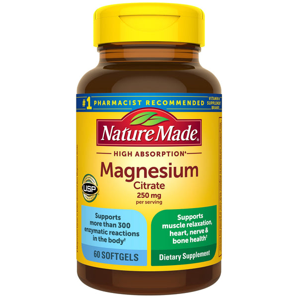 Nature Made Magnesium Citrate 250 mg per serving, Magnesium Supplement for Muscle, Nerve, Bone and Heart Support, 60 Softgels, 30 Day Supply