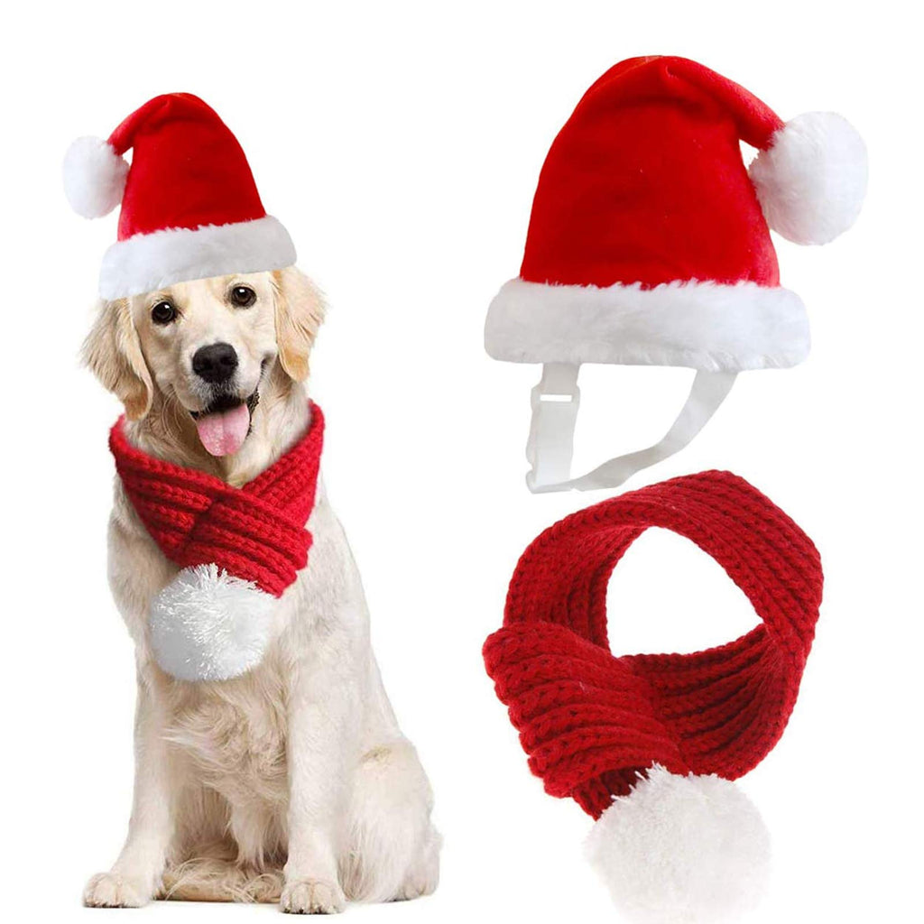 Inscape Data Christmas Dog Santa Hat with Adjustable Scarf, Red Knit Scarf with White Pompom Ball, Dog Winter Neck Warmer, Christmas Party Dressup