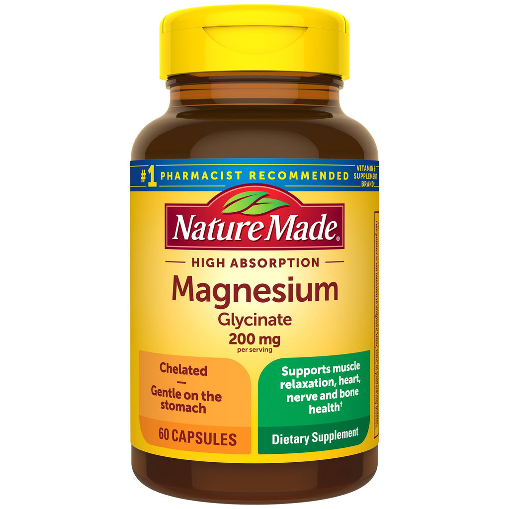 Nature Made Magnesium Glycinate 200 mg per Serving, Magnesium Supplement for Muscle, Heart, Nerve and Bone Support, 60 Magnesium Bisglycinate Capsules, 30 Day Supply