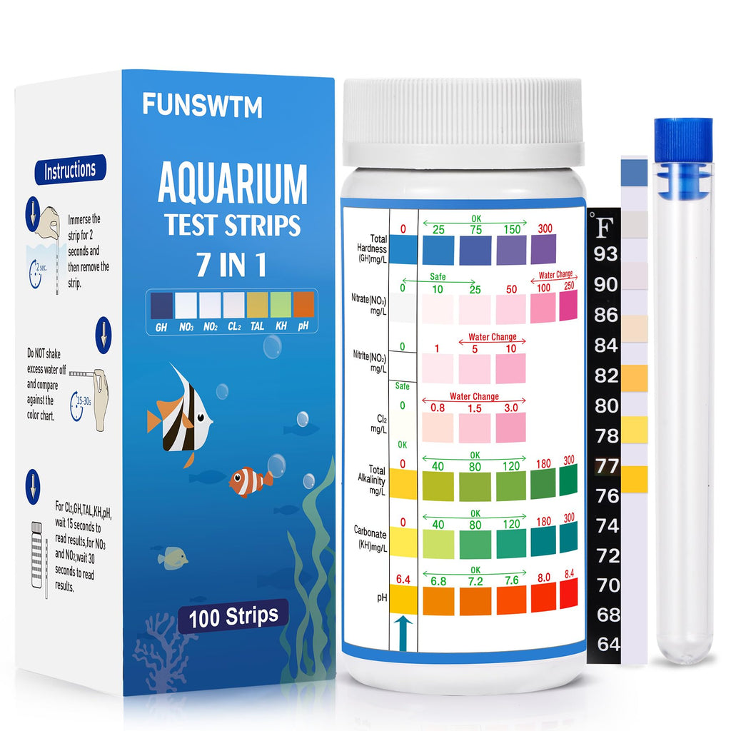Aquarium Test Strips for Freshwater Fish: 7 in 1 Fish Tank Water Testing Kit for Aquarium Pond - Accurate Testing Nitrate Nitrite Hardness Free Chlorine pH Carbonate Total Alkalinity-100 Strips