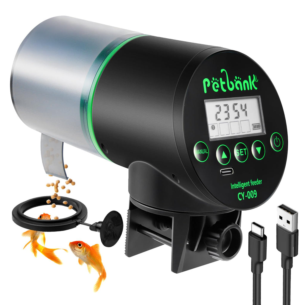 Petbank Automatic Fish Feeder for Aquarium - Rechargeable Fish Food Auto Dispenser Vacation Turtle Feeder with USB Charger Cable，LCD Screen, Customized Schedule，Black