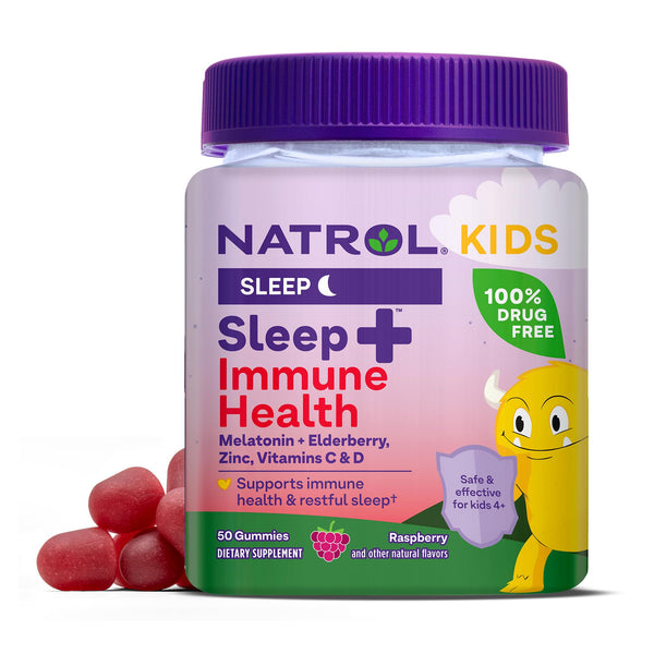 Natrol Kids Sleep+ Immune Health Gummies with Melatonin, Zinc, Vitamin C and D, Elderberry, 50 Raspberry Flavored Melatonin and Immune Health Gummies, 50 Day Supply