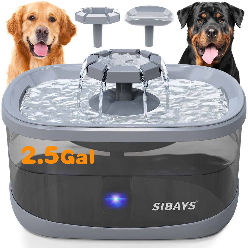 SIBAYS 2.5GAL/9.5L Dog Water Fountain for Large Dogs, 3 Flow Modes Large Pet Water Fountain for Cats, Automatic Dog Water Bowl Dispenser with 7" Filter & Smart LED Pump, Quiet, BPA-Free Material