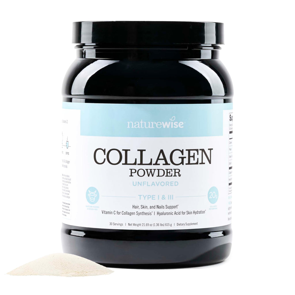 NatureWise Collagen Peptides Powder with Hyaluronic Acid and Vitamin C - Unflavored - Support for Women & Men - Type I & III for Hair, Skin, & Nails - Sugar, Gluten & Dairy Free - 30 Servings