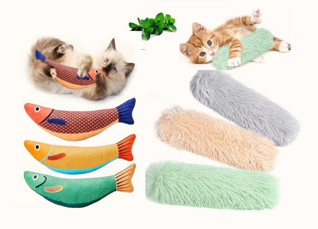 Smol Pawz Cat Toys, Catnip Pillows, Kitten Toys, 4 pk. 2 Saury Fish and 2 Pillows, Soft and Durable Crinkle Sound Catnip Toys, Interactive Cat Kicker Toys for Indoor Cats, Promotes Kitten Exercise