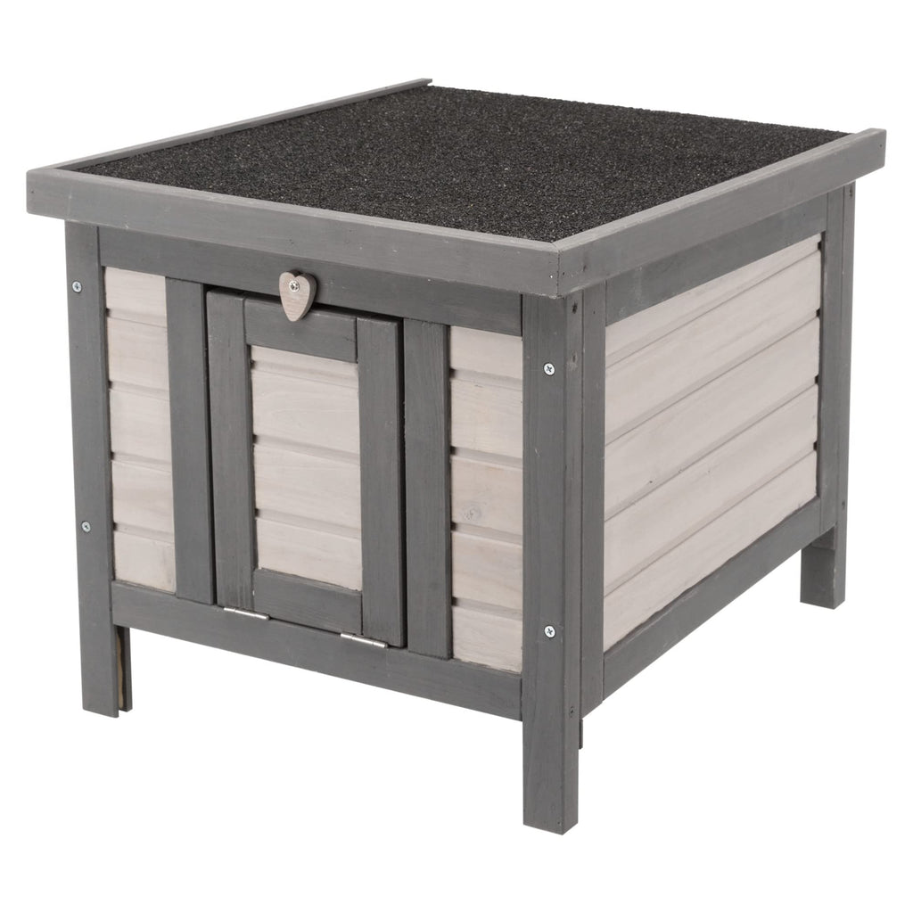 TRIXIE Insulated Outdoor Cat House, Weatherproof Cat Home with Raised Floor, Hinged Asphalt Roof & Covered Opening, Small Outdoor Shelter for Cats and Small Animal, Gray Pine Wood