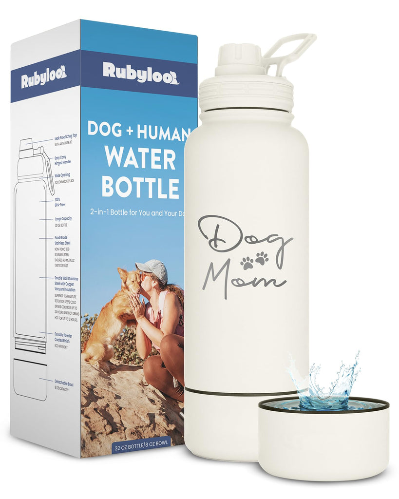 Dog Water Bottle for Dog Moms - 32 oz Stainless Steel Double Wall Insulated Water Bottle with 8 oz Detachable Bowl - Ideal Gift for Women for Hiking, Walking, and Travel - “Mom” - Cream