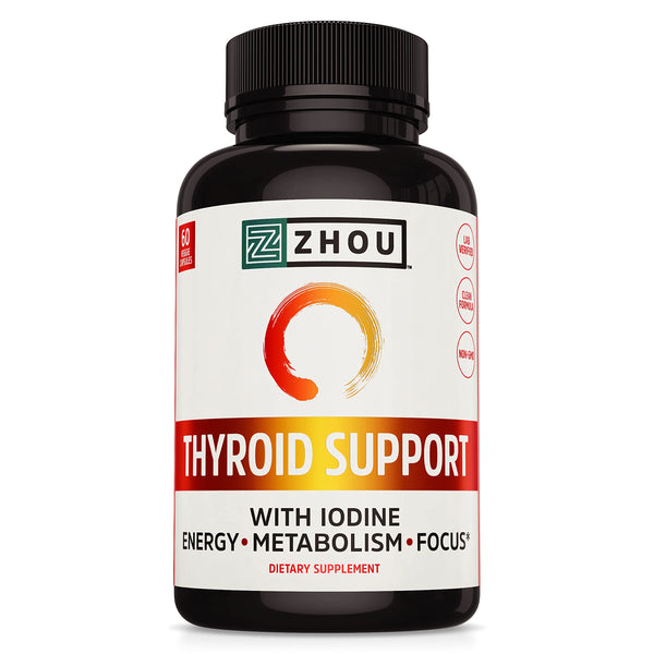 Zhou Thyroid Support Complex with Iodine Supplement, Increase Energy, Fight Brain Fog with Vitamin B12, Iodine, Magnesium, Zinc, Selenium, No Soy, Gluten-Free, 30 Servings, 60 Caps