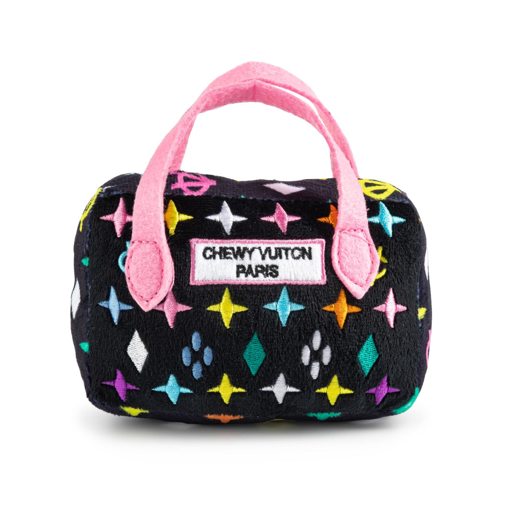 Haute Diggity Dog Black Monogram Chewy Vuiton Handbag, Plush Designer Dog Toys with Interactive Squeaker, Stimulating Pet Enrichment, Machine-Washable & Safe Materials for All Breeds, Size Small