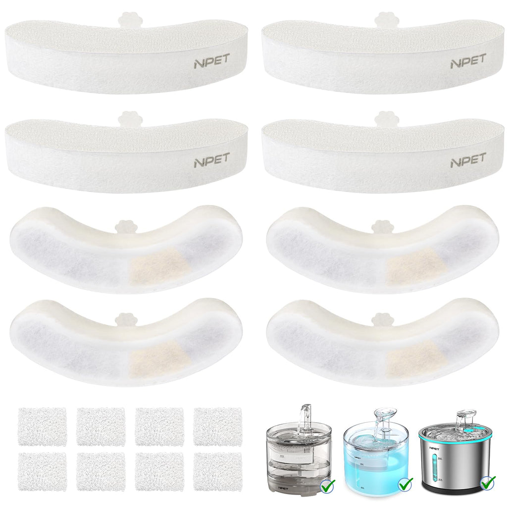 NPET Upgraded Design 8 Pack Replacement Filters for WF050/WF100 Cat Fountain and WF210 Stainless Steel Pet Water Fountain Cat Water Dispenser