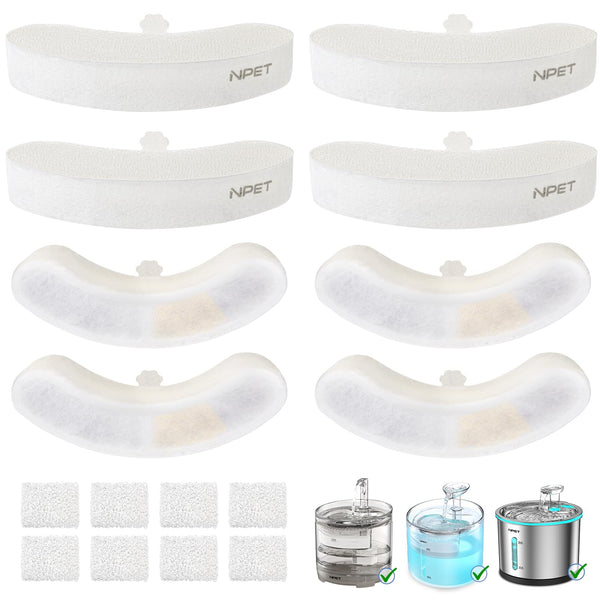 NPET Upgraded Design 8 Pack Replacement Filters for WF050/WF100 Cat Fountain and WF210 Stainless Steel Pet Water Fountain Cat Water Dispenser