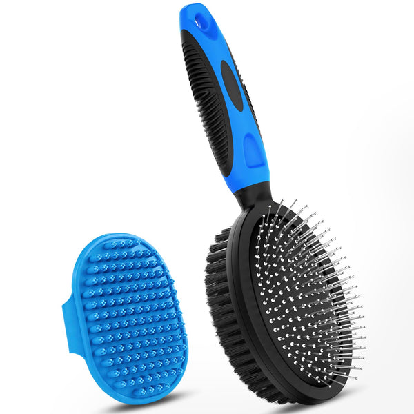 UGNEL 2PCS Dog Grooming Tools - Double-Sided Bath Brush for Shedding and Bathing, Suitable for Short/Long Haired Dogs, Premium Pet Supplies (Black Blue)