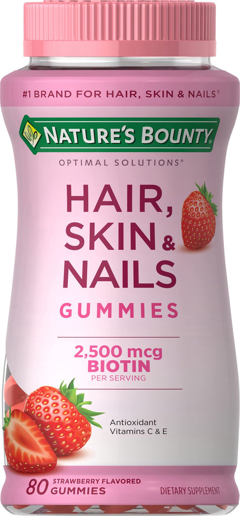 Nature's Bounty Optimal Solutions Hair, Skin & Nails Vitamin Gummies with Biotin, 2500 mcg, Strawberry, 80 Count