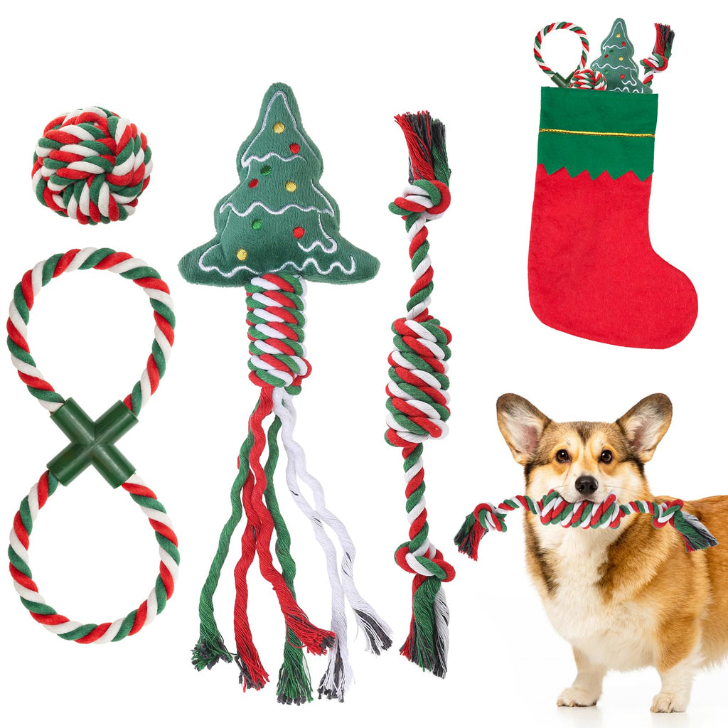 SCENEREAL Christmas Dog Rope Toys, 4pcs Doggy Chew Toys with Stocking for Teething Cleaning, Squeaky Plush Puppy Toy, Interactive Dog Stocking Stuffers, Xmas Gifts for Small Medium Large Dogs
