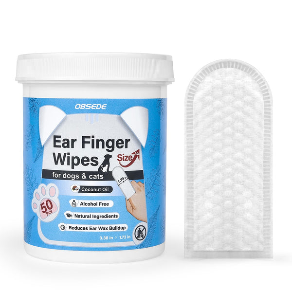 OBSEDE Extra Large 1.73" Dog Ear Wipes & Cat Ear Cleaner – Wider Finger Wipes for Quicker Easier Cleaning Soothes Itch Controls Odor Reduce Wax Regular Grooming Gentle Coconut Scent, 50 Count