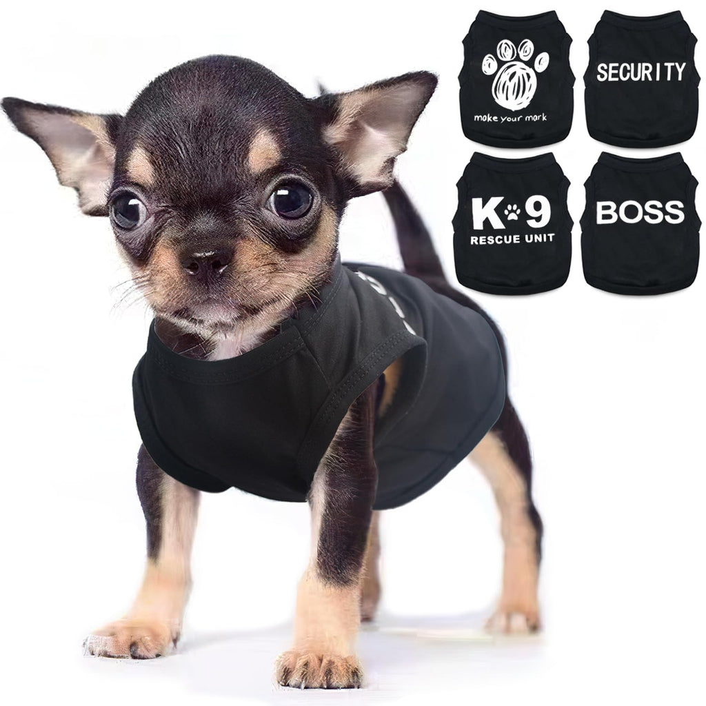 4 Pieces Chihuahua Clothes Dog Clothes for Small Dogs Boy Summer Teacup Yorkie Spring Letter Security Pet Shirts Soft Puppy Cloth Tiny Doggie Outfit Pet Cat Clothing XXS Black