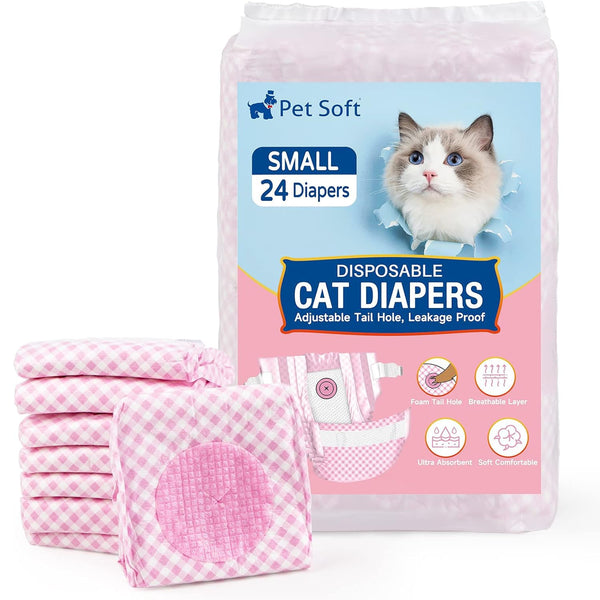 Pet Soft Disposable Cat Diapers for Female & Male Cats, Puppy Doggie Diapers for Female Dogs with Adjustable Foam Tail Hole, 24pcs Small