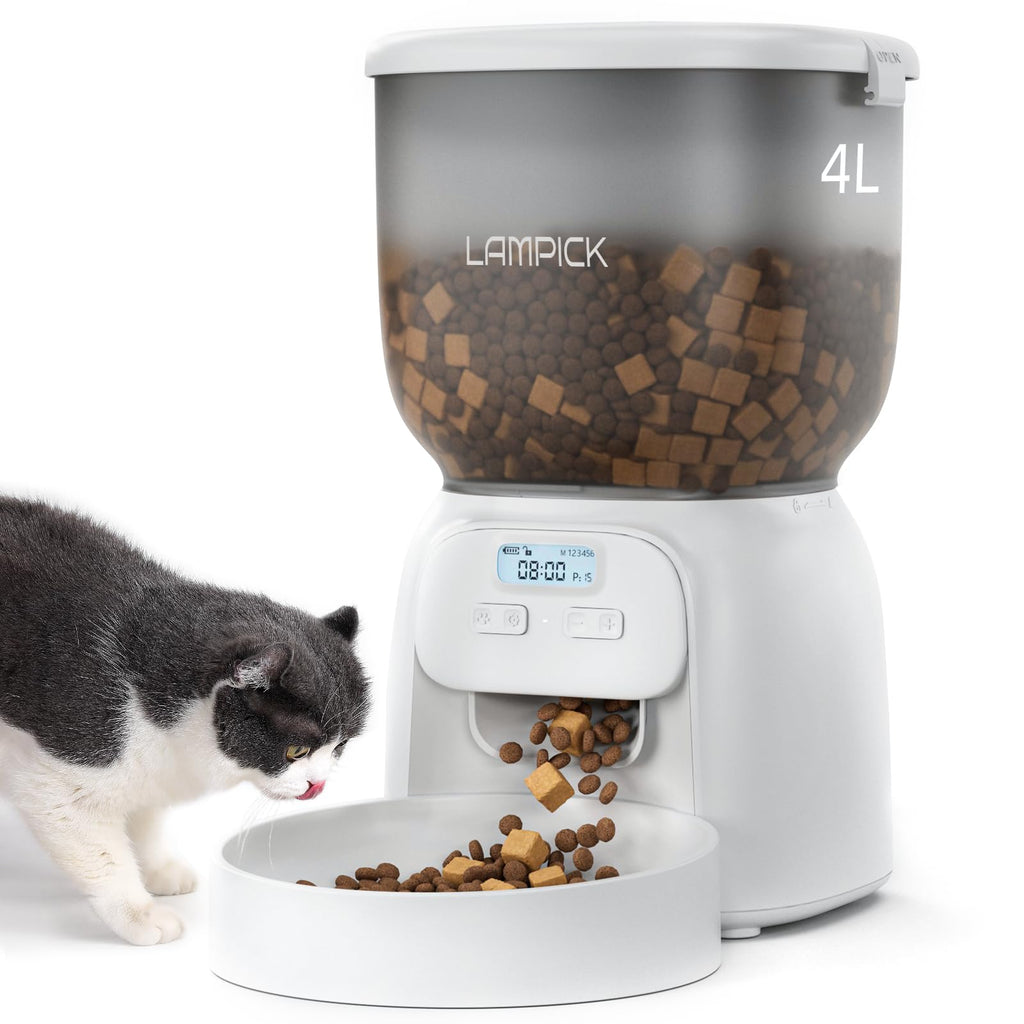 LAMPICK Automatic Cat Feeder, 4L Detachable Cat Food Dispenser for Dry Food Up to 15 Portions(8g/Portion) 6 Meals Per Day, Dual Power Supply Timed Cat Feeders