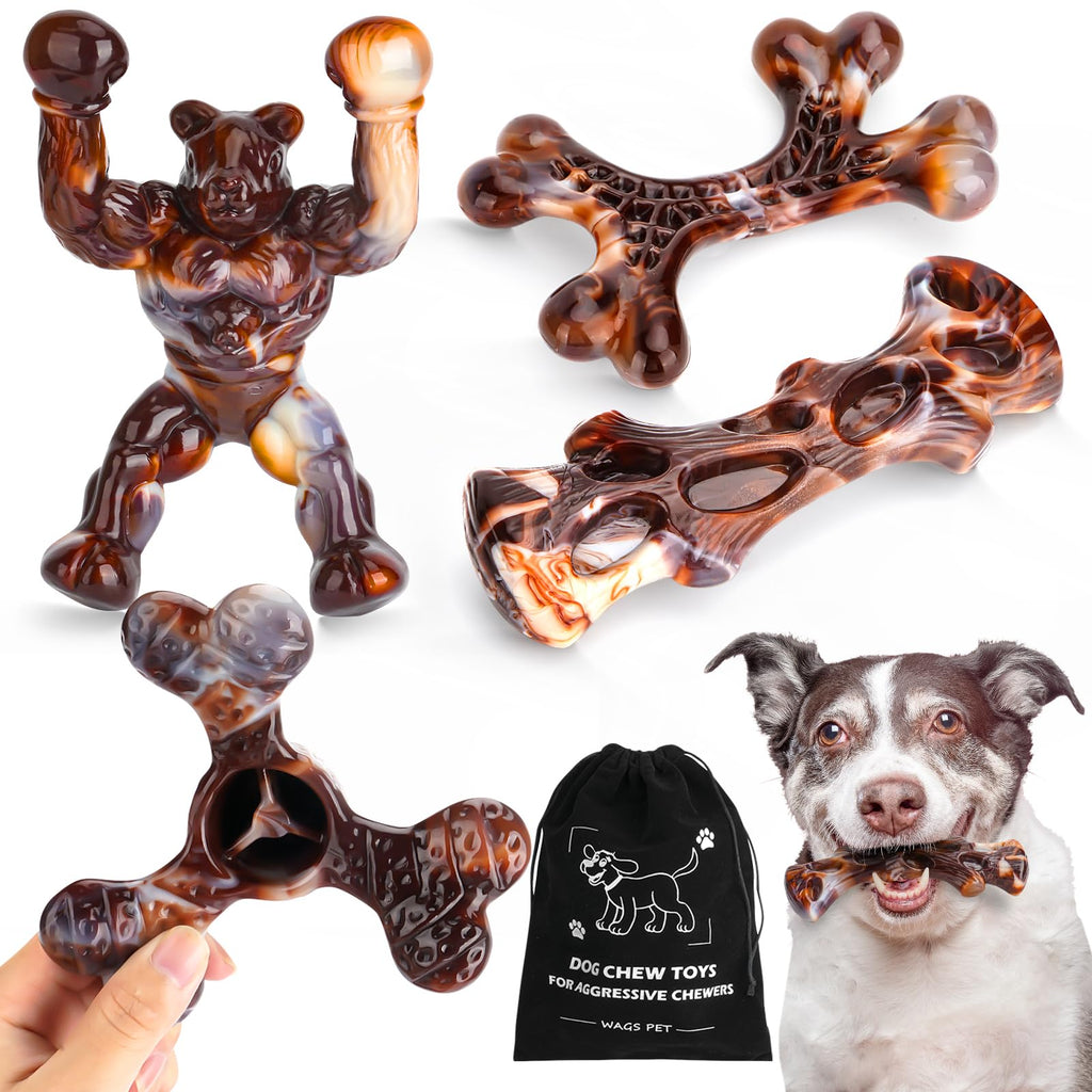 WAGS PET 4 Pack Dog Chew Toys for Aggressive Chewers, Indestructible Dog Toys for Medium Large Breed, Real Bacon Flavor, Tough and Durable Nylon Toy for Better Dental Care