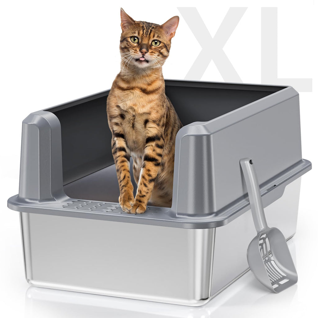 Suitfeel Enclosed Stainless Steel Cat Litter Box with Lid, Odorless XL Metal for Big Cats, Extra Large Kitty Litter Box, Easy Clean Anti-Leakage, Include Litter Scoop