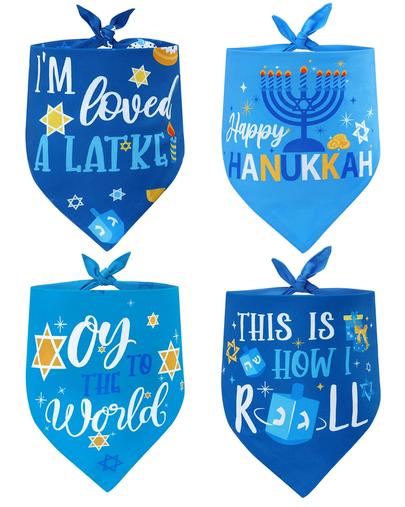 Hanukkah Dog Bandanas 4 Pack Chanukah Menorah Pet Scarf Set Reversible Triangle Bibs Kerchief Gift for Dog Pet Holiday Costume Accessories