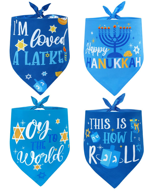 Hanukkah Dog Bandanas 4 Pack Chanukah Menorah Pet Scarf Set Reversible Triangle Bibs Kerchief Gift for Dog Pet Holiday Costume Accessories