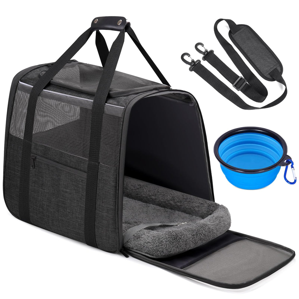 JUNGYOON Large Cat Carrier – Soft-Sided Airline-Approved Pet Carrier Bag with Top Opening, Portable Travel Carrier for Big Cats & Dogs Up to 20lbs – Safety Zippers, Collapsible Bowl, Dark Gray