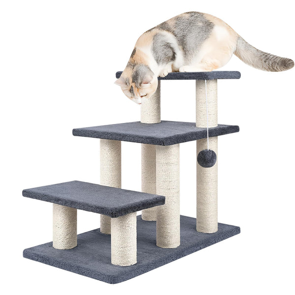 SOCATER Dog Stairs, Cat Scratching Post 3 Steps Stairs for Cats and Dogs, Stable 20 inch Pet Stairs for High Beds & Sofas Protect Pet's Joints, Grey