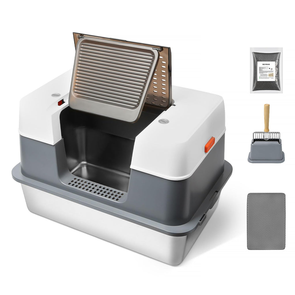 Scirove Stainless Steel Enclosed Cat Litter Box with Lid，Covered Metal Kitty Litter Box with Litter Mat and Odor Reduction Pack(2kg), Metal Scoop，Switchable Design, Easy Clean，Odor-Proof, Leak-Proof