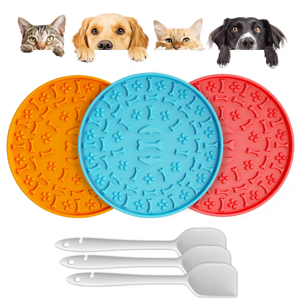 Lick Mat for Dogs & Cats 3 Pack - Silicone Dog Lick Mat with Suction Cups - Anxiety Relief/Promotes Healthy Eating/Frozen & Dishwasher Safe - Pet Peanut Butter Lick Pad LPFALASAT (Blue Orange Red)