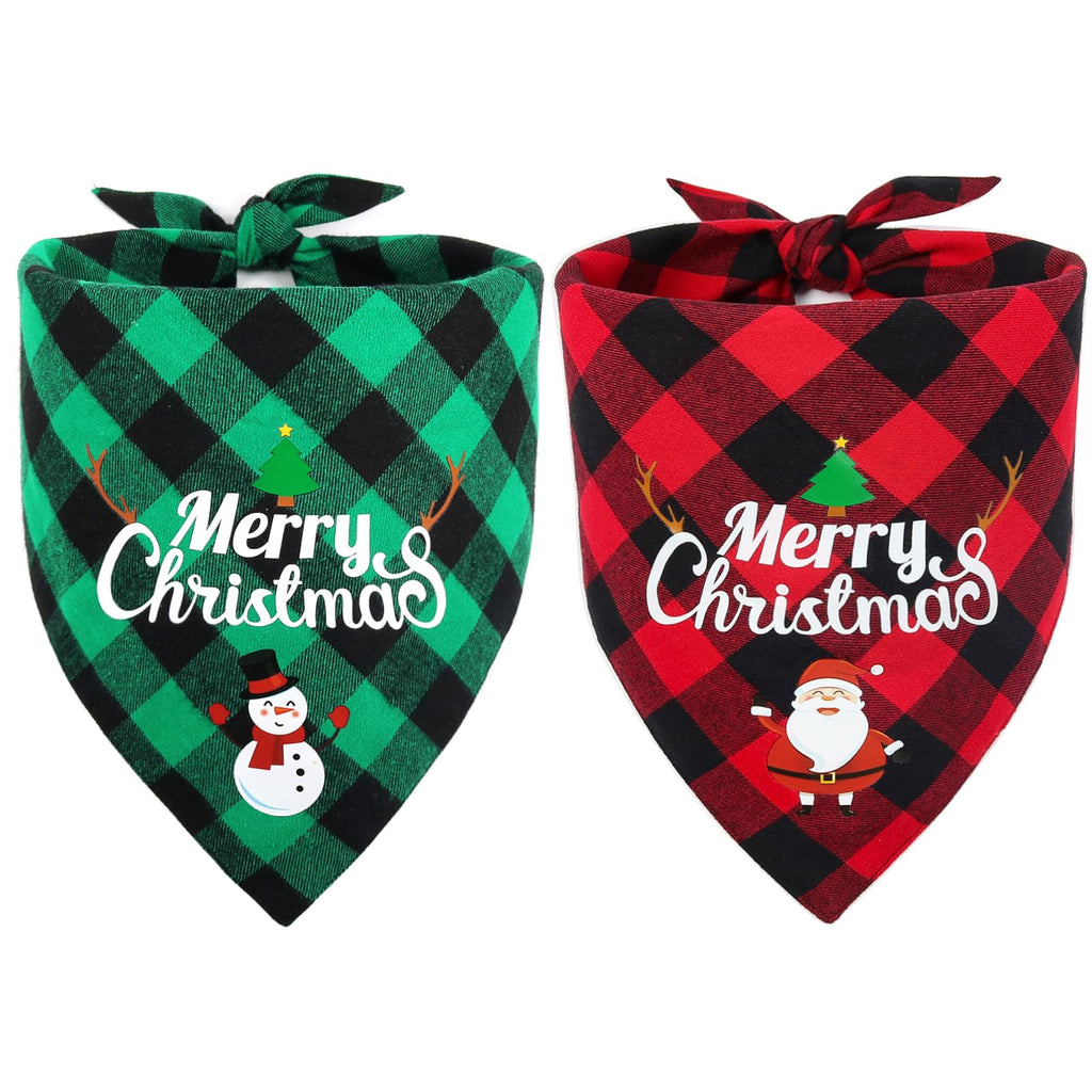Vivifying Christmas Dog Bandanas, 2 Pack Classic Plaid Triangle Pet Scarf with Santa and Snowman Print, Holiday Pet Christmas Costume for Small Medium Large Dogs (Green&Red)