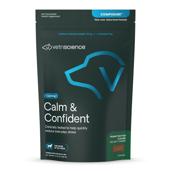 VETRISCIENCE Calm & Confident Chews, Composure Clinically Tested Calming & Anxiety Relief for Dogs, CBD and Melatonin Free Calming Chews for Dogs, Peanut Butter, 120 Count