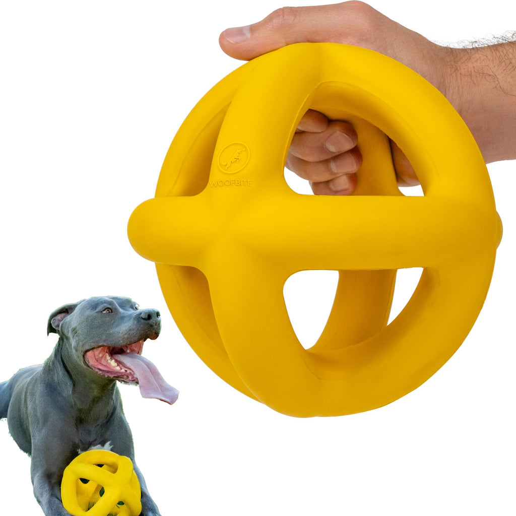 WoofBite Indestructible Giant XL Ring Ball - Aggressive Chewers, Medium Large Breed - Heavy Duty Non-Toxic Natural Rubber Dog Toys - Yellow - Herding, Tug, Chew & Fetch - Massive 8”