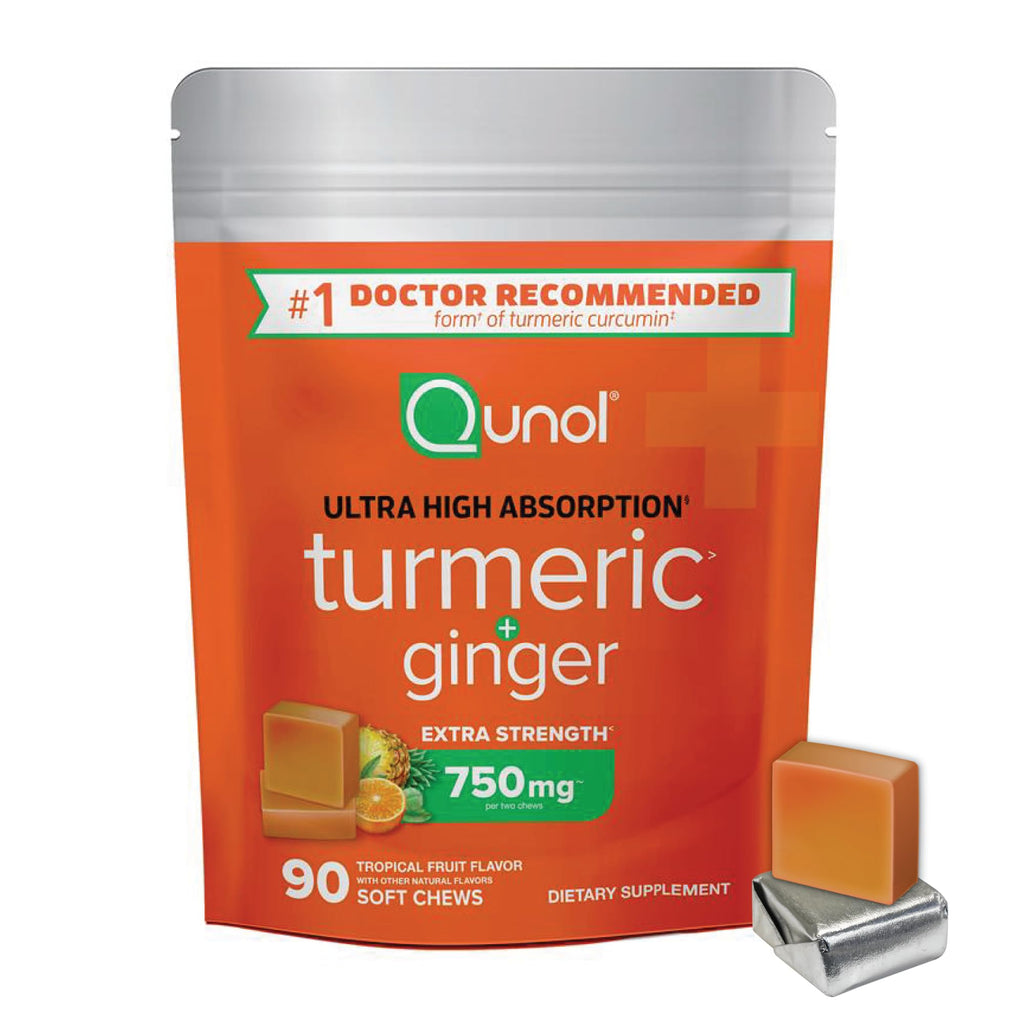 Qunol Turmeric and Ginger Soft Chews, 750mg Turmeric Supplement, Ultra High Absorption to Support Joint Health, 90 Count