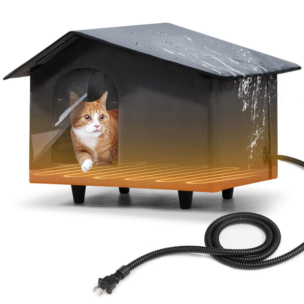 Heated Cat House for Outdoor Cats in Winter, Weatherproof Insulated Outdoor Cat House with Waterproof Heating Pad, Elevated Cat Shelter for 2-3 Feral Cats Kitty Puppy, Chew-Resistant Cord